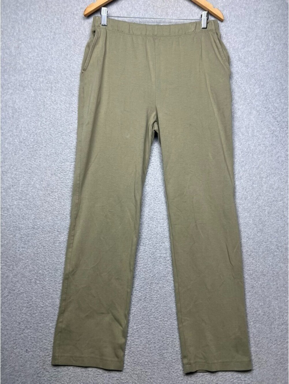 Lands End Sport Knit Pants Womens M Tall Olive Green Straight Leg Pull On Cotton